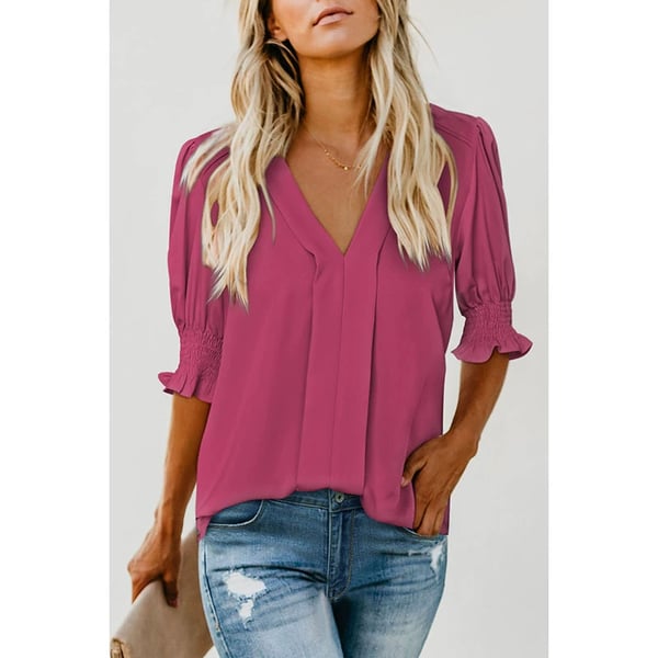 Women's Solid Casual V Neck Puff Sleeve Shirts