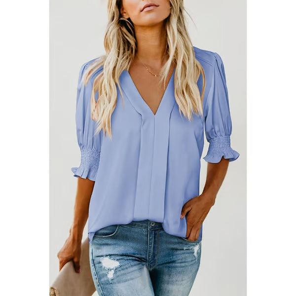 Women's Solid Casual V Neck Puff Sleeve Shirts