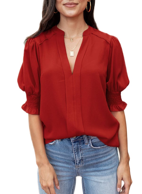 Women's Solid Casual V Neck Puff Sleeve Shirts
