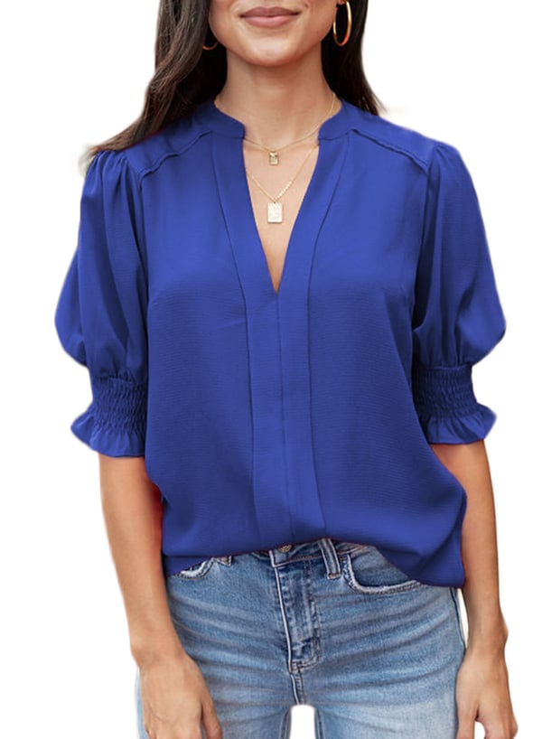 Women's Solid Casual V Neck Puff Sleeve Shirts