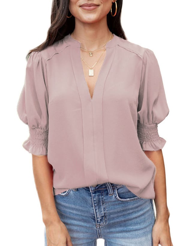 Women's Solid Casual V Neck Puff Sleeve Shirts
