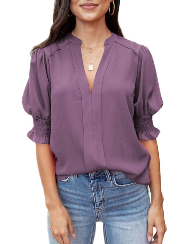 Women's Solid Casual V Neck Puff Sleeve Shirts