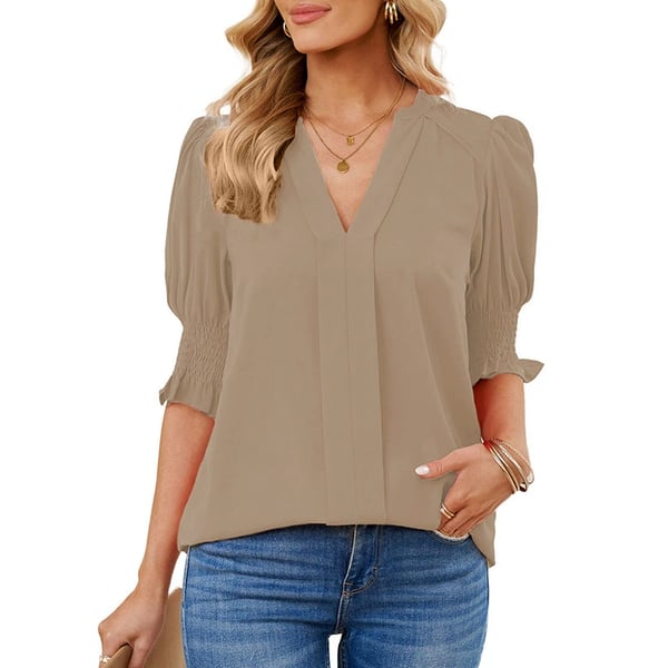 Women's Solid Casual V Neck Puff Sleeve Shirts