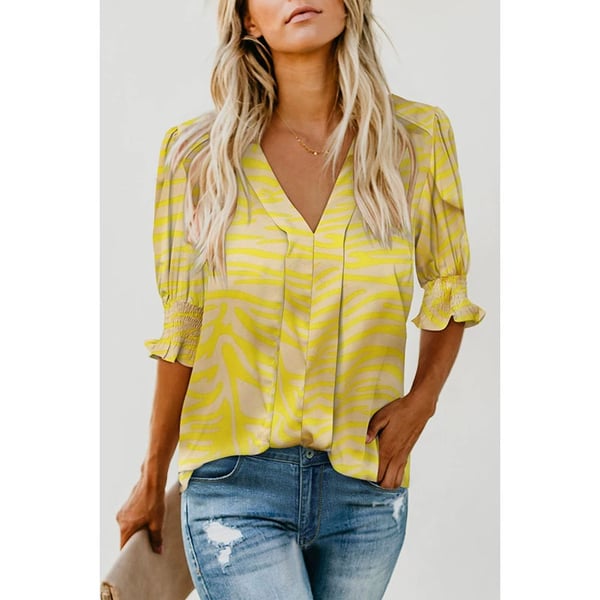 Women's Solid Casual V Neck Puff Sleeve Shirts
