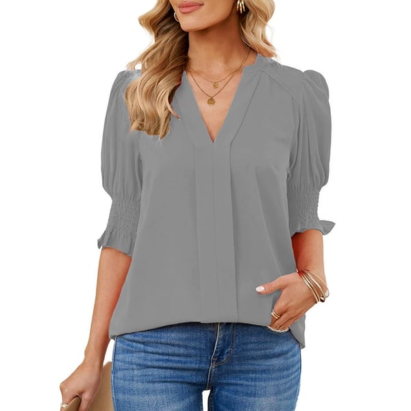Women's Solid Casual V Neck Puff Sleeve Shirts