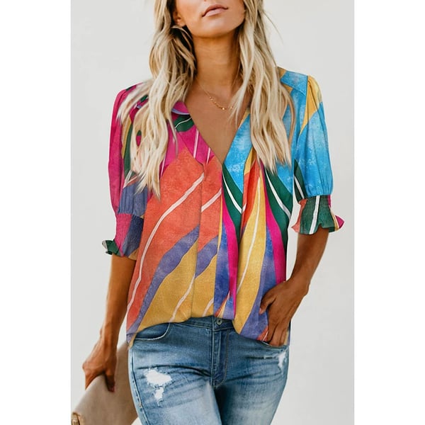Women's Solid Casual V Neck Puff Sleeve Shirts
