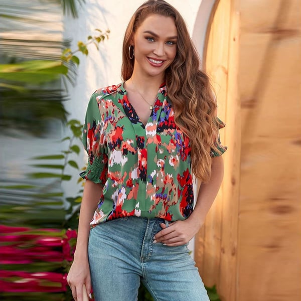 Women's Solid Casual V Neck Puff Sleeve Shirts