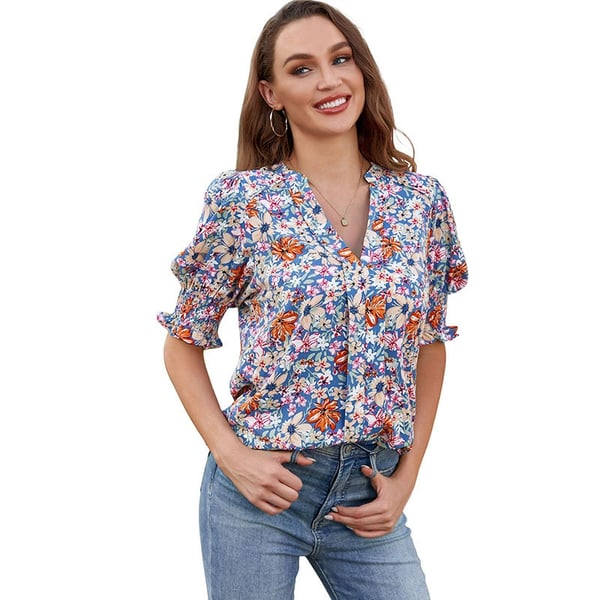 Women's Solid Casual V Neck Puff Sleeve Shirts
