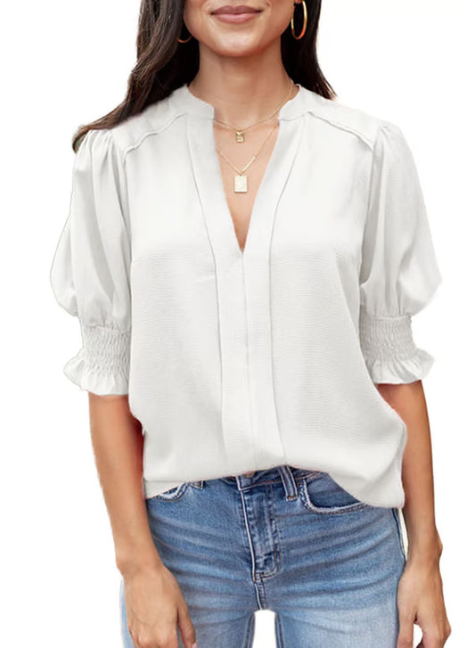 Women's Solid Casual V Neck Puff Sleeve Shirts