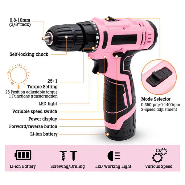 Pink Cordless Drill Driver Set
