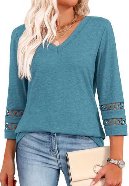 2025 New Womens 3/4 Length Sleeve Tops Trendy V Neck T Shirts